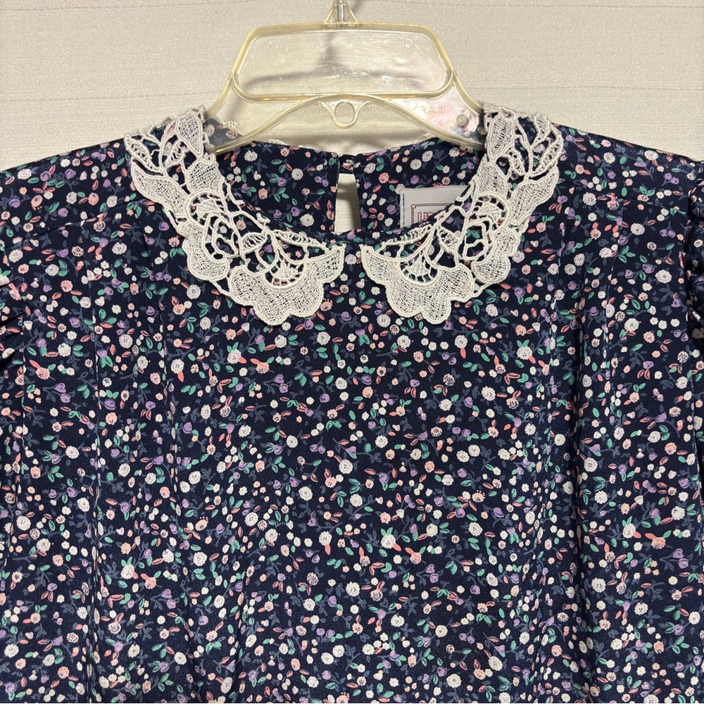 VTG Lisa Petites Floral cottage floral dress crocheted white collar pleated 10P